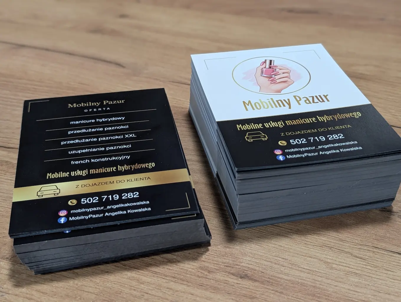 Dwustronne eleganckie ulotki A6 dla marki Mobilny Pazur usługi manicure