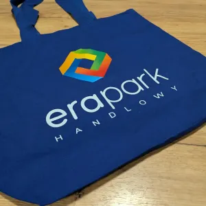 Chabrowa torba materiałowa bawełniana z wielobarwnym nadrukiem logo Era Park Handlowy
